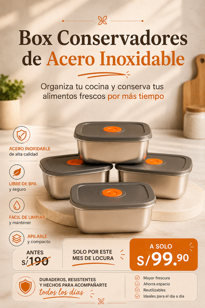 👨‍👩‍👧‍👦 Miles de Familias Ya Dejaron el Plástico – Lleva tu Set de 4 Táperes de Acero Inoxidable Hoy