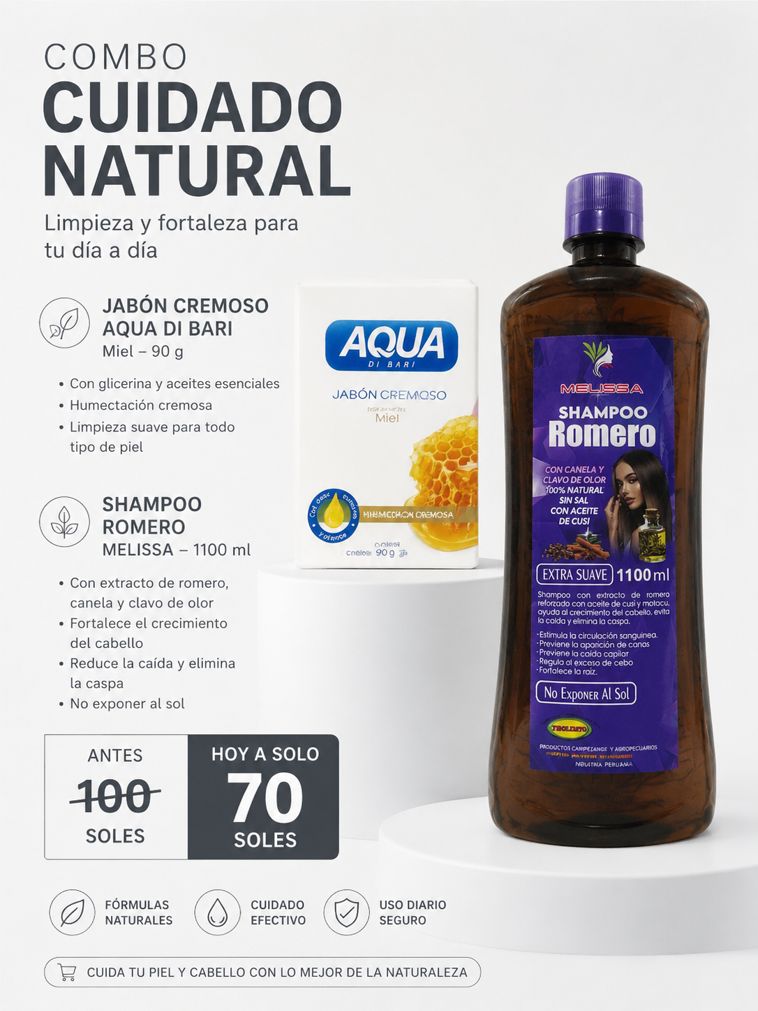 COMBO CUIDADO NATURAL SHAMPOO DE ROMERO CON CANELA + JABON DE MIEL 🥳🥳