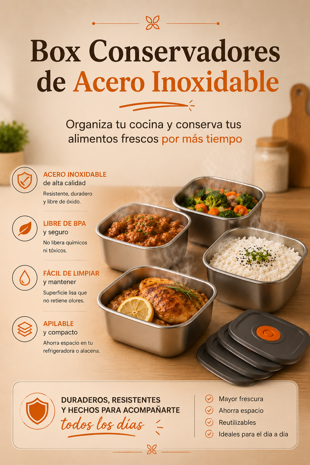 👨‍👩‍👧‍👦 Miles de Familias Ya Dejaron el Plástico – Lleva tu Set de 4 Táperes de Acero Inoxidable Hoy