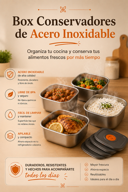 👨‍👩‍👧‍👦 Miles de Familias Ya Dejaron el Plástico – Lleva tu Set de 4 Táperes de Acero Inoxidable Hoy