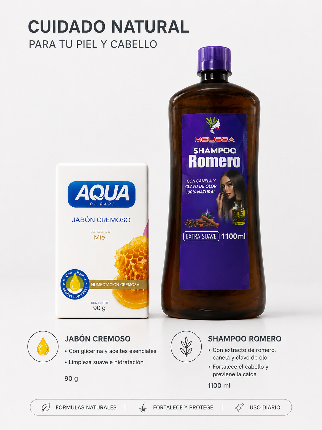 COMBO CUIDADO NATURAL SHAMPOO DE ROMERO CON CANELA + JABON DE MIEL 🥳🥳